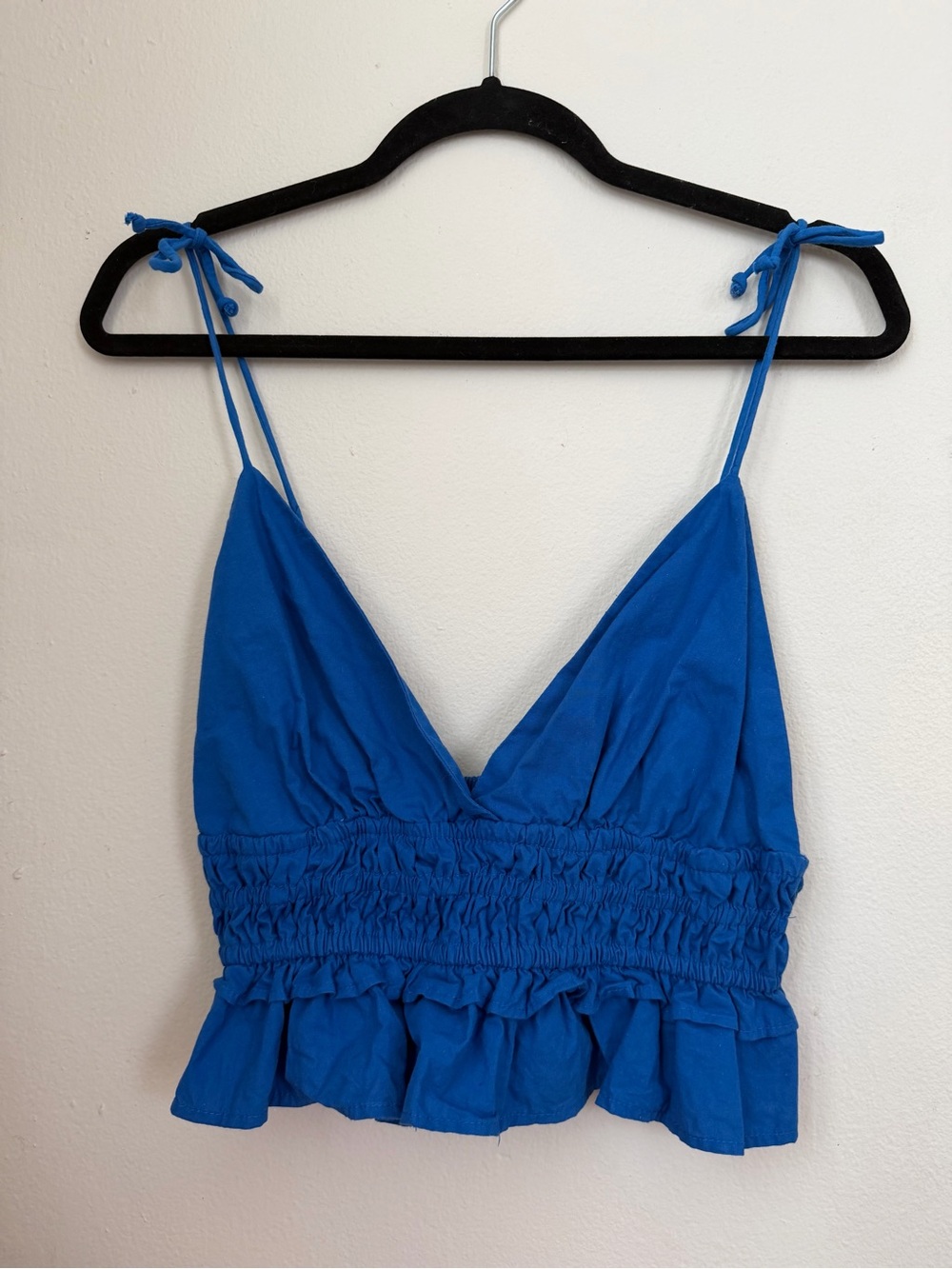 Blue Smocked Peplum Crop Top